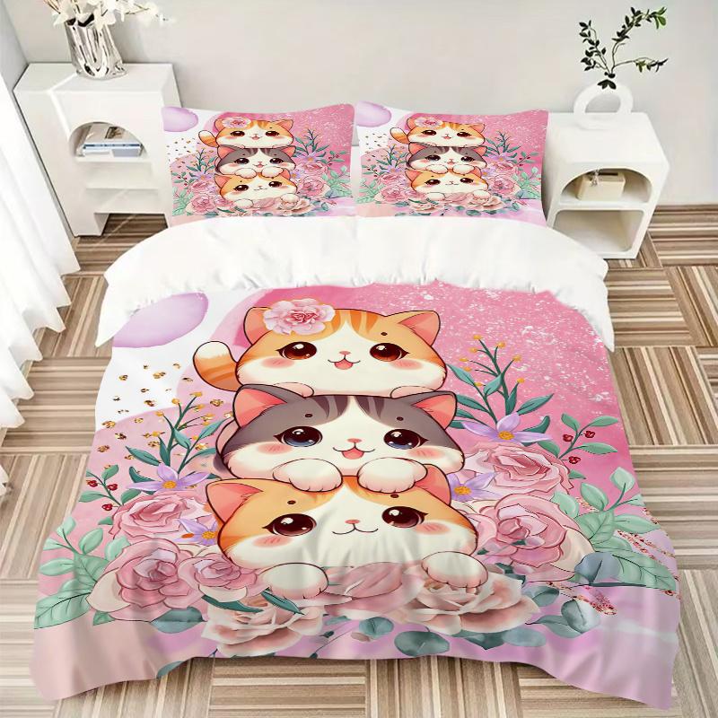 3 Stück Drei Süße Katzen Ideen Bettwäsche-Set - Enthält 1 Bettbezug und 2 Kissenbezüge, Bequeme Bettwäsche mit Stilvollem Design für Schlafzimmer, Masch