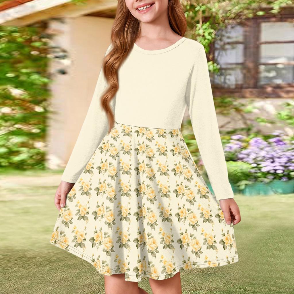 Girls' Summer Princess Dress - Long Sleeve A-Line T-Shirt Dress