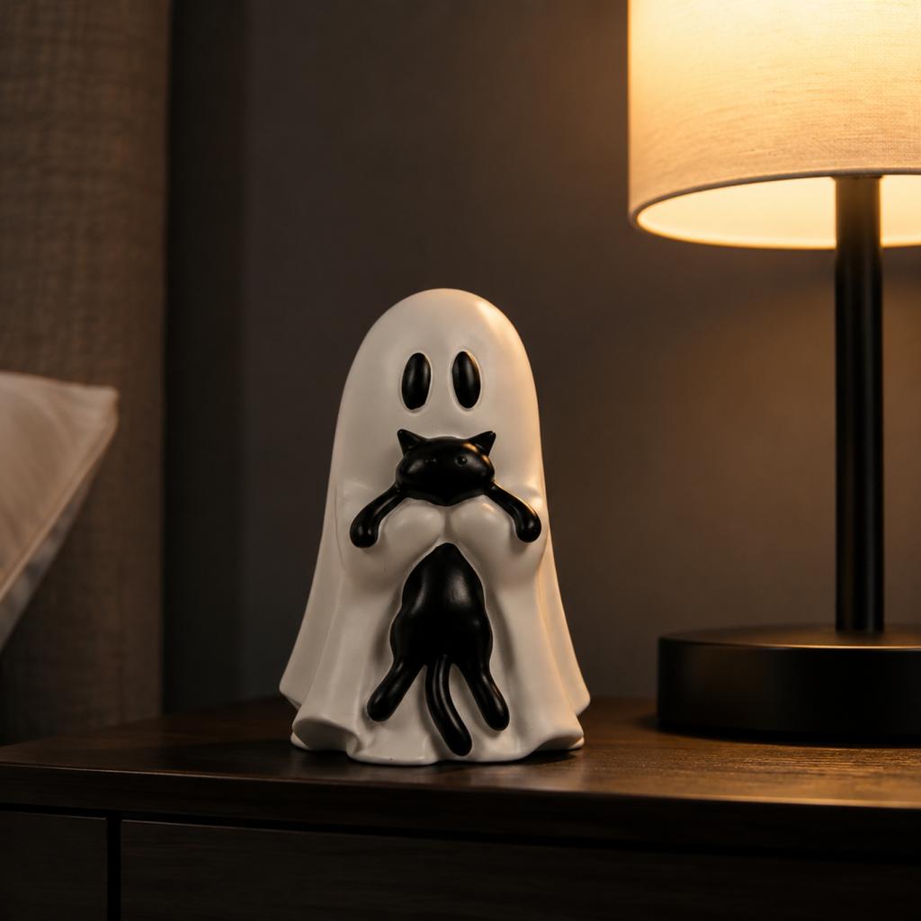 Resin Ghost Holding Cat Figurine Halloween Desktop Ornament Miniature Ghost Cat Statue Home Shelf Party Decoration