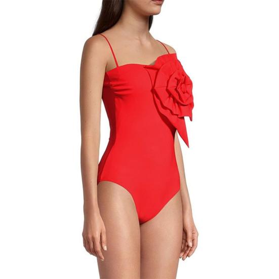 Women Monokini Bandeau Sleeveless 3D Flower Decor One-piece Bikini Solid Color Backless Quick Drying Swimwear