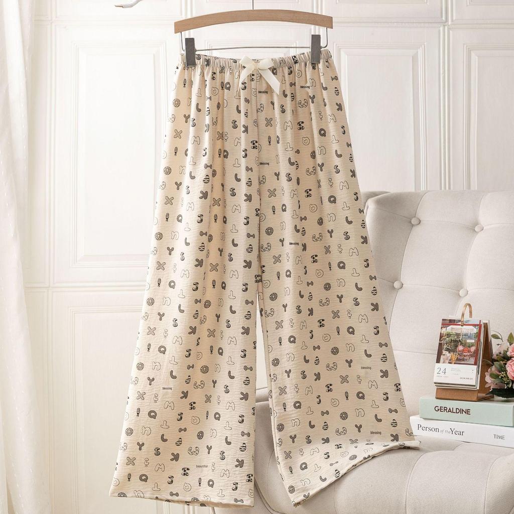 Ice Silk Linen High Waist Cartoon Print Pajama Pants for Women, Casual, Summer Style, Plus Size, Suitable for Indoor and Outdoor Wear