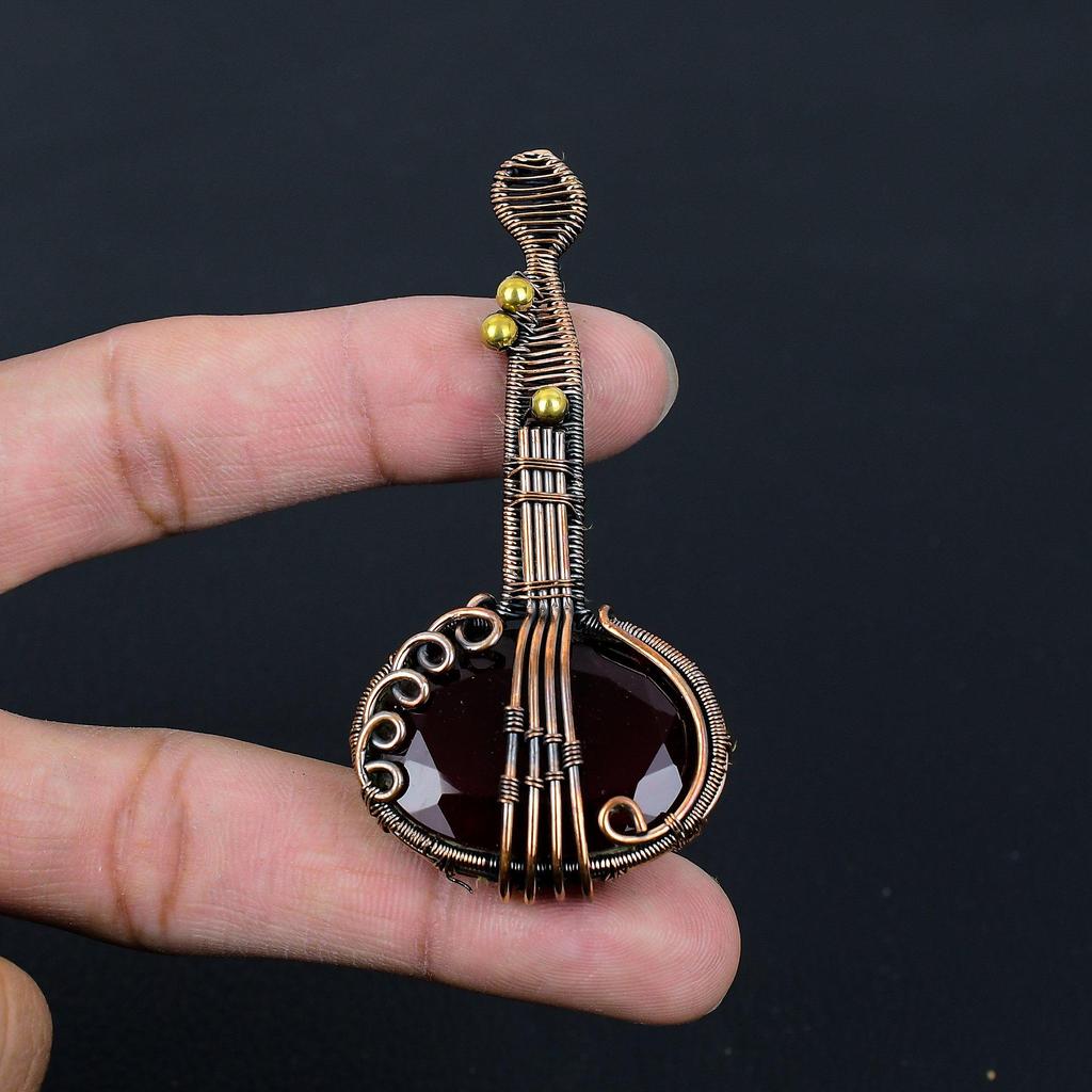 Unique Guitar Shaped Red Garnet Gemstone Pure Copper Wire Wrapped Handmade Pendant Jewelry