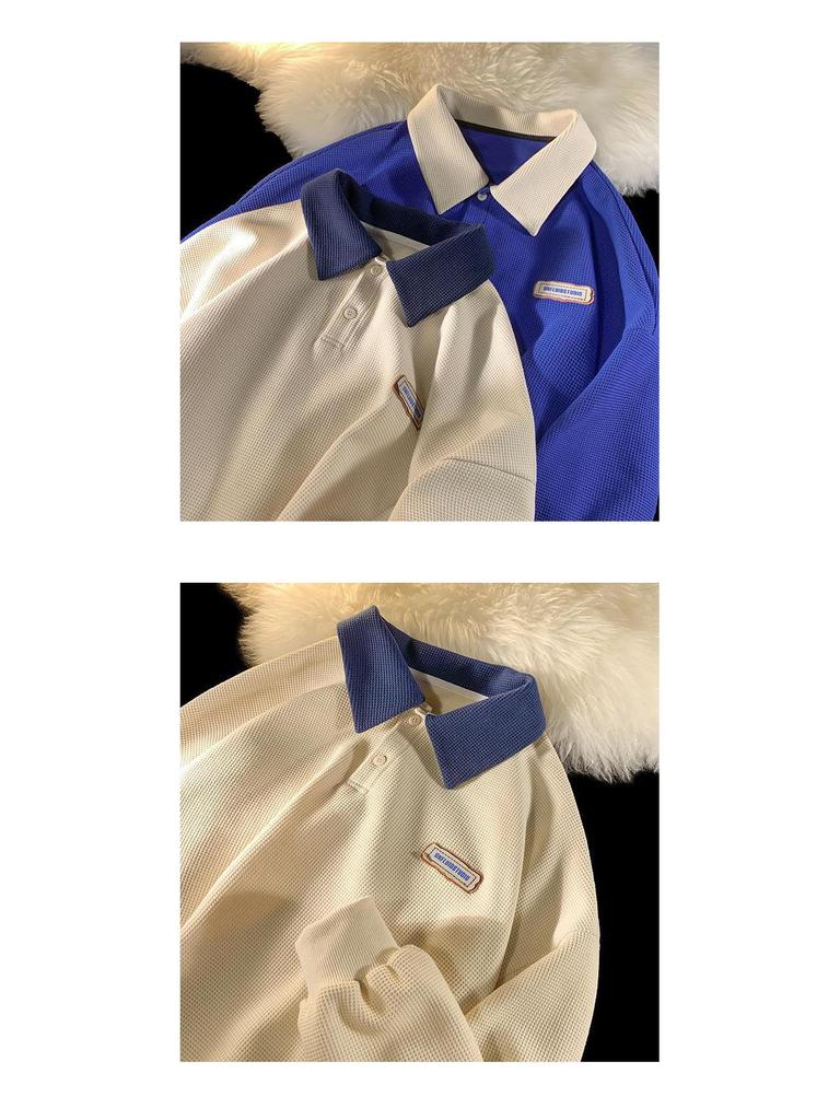 Men's Japanese Oversized Navy Blue Lapel Polo Shirt - Long-Sleeved, Lightweight Summer Sweater, Unisex Design