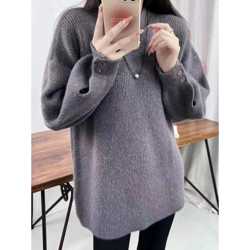 Lazy wind thickened loose cuffs button-knitted pullover sweater for women's autumn and winter medium and long inner top for women