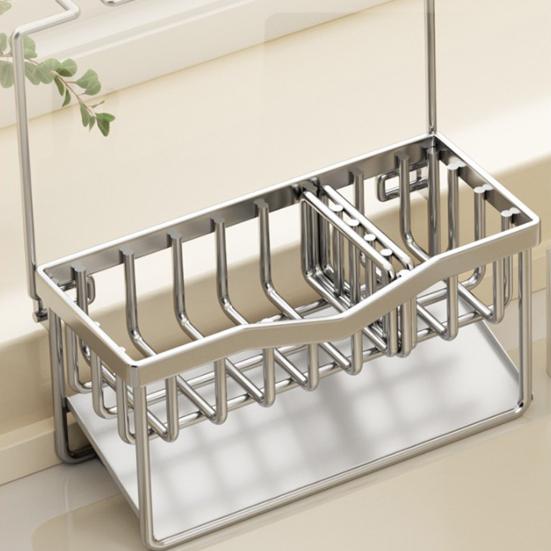 Kitchen Sink Caddy Stainless Steel Sponge And Brush Holder with Adjustable Divider Auto Drain Tray Countertop Organizer for Utensils Dish Soap Bottle
