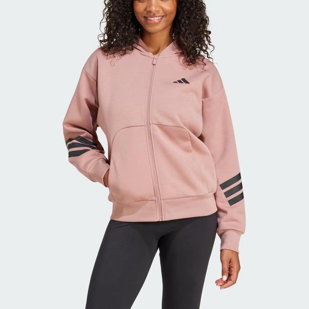adidas Essentials Series Striped Zip-Up Hooded Sweatshirt Women Long Sleeve Daily Outerwear Warm Clay JE0177