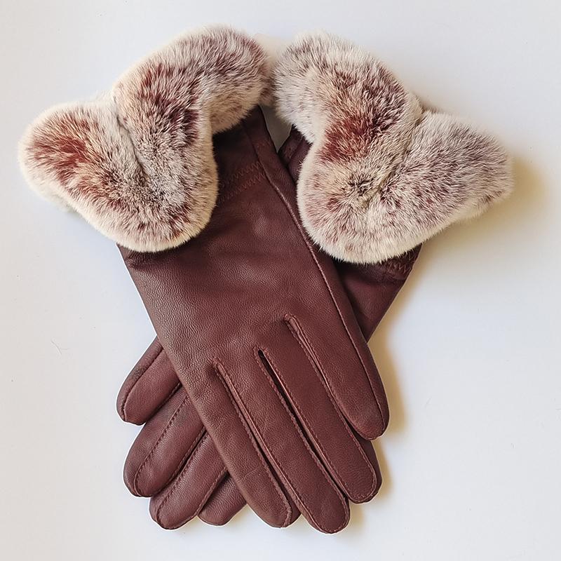 Women Winter Genuine Sheepskin Leather Glove With Rex Rabbit Fur Cuff Warm Winter Female Genuine Leather Gloves Hand Warmer