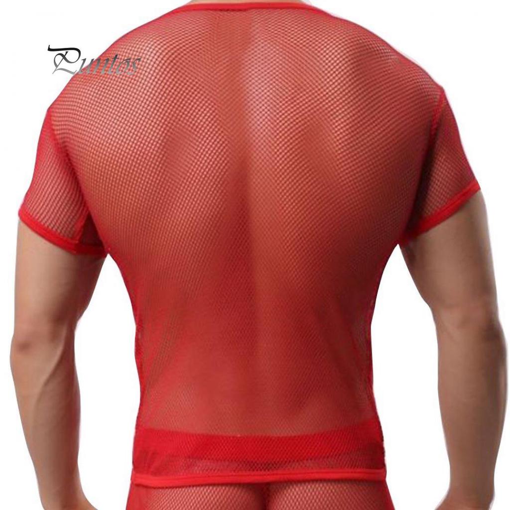 Sexy Men Mesh See Through T-Shirt Fishnet Clubwear Short Sleeve Top Undershirt