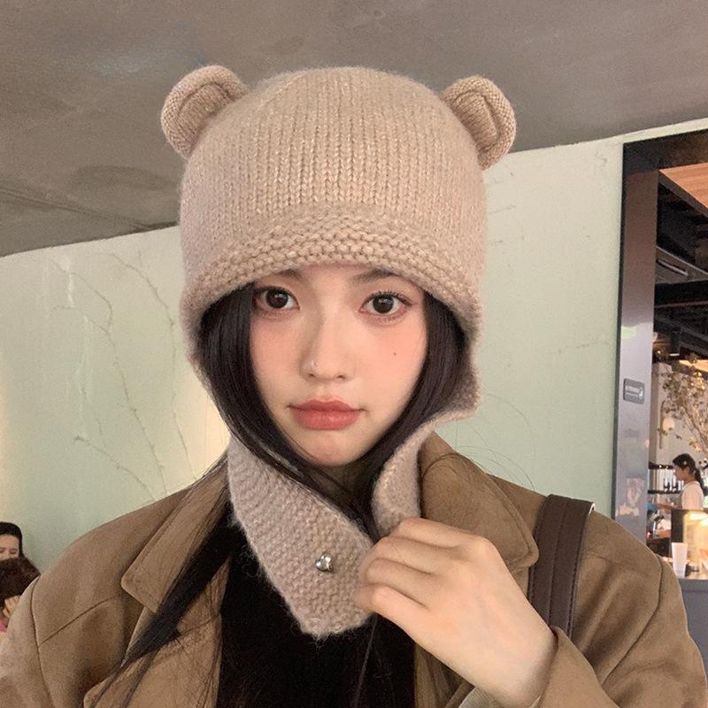 Nuovo cappello lavorato a maglia in lana con orsetto, autunno e inverno, cappello caldo a pullover, protezione per le orecchie fredde all'aperto per bambini, cappello Lei Feng