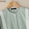 ZANZEA Women Lace Patchwork Casual O-neck Long Sleeve Grid Blouse