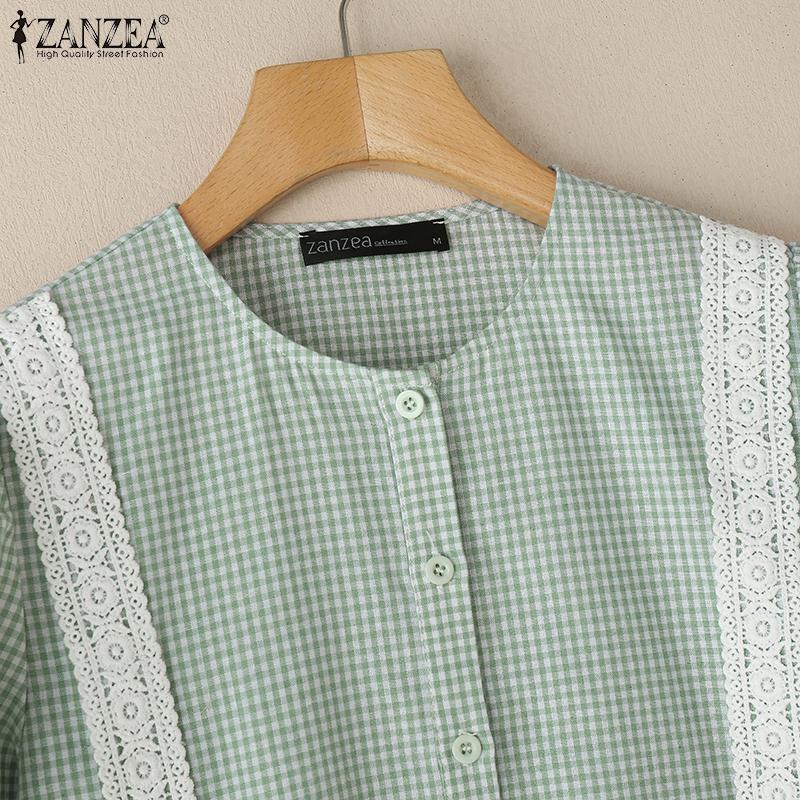 ZANZEA Women Lace Patchwork Casual O-neck Long Sleeve Grid Blouse