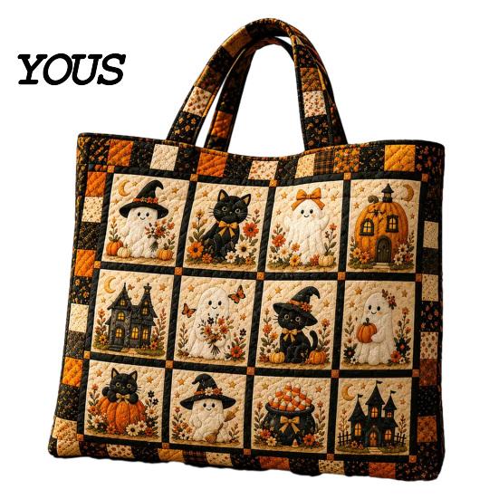 Katzenmotiv Wiederverwendbare Einkaufstasche Halloween Gesteppte Tragetasche, Kürbis Geist Aufdruck Schulter Leichte Pendler Tasche Polyester Handtasche für Freizeit