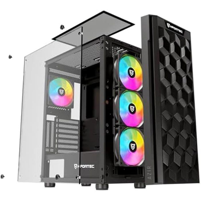 Nfortec - AZIR Boîtier PC Gaming Mid Tower (ATX), 4x 120mm Ventilateurs ARGB Inclus, Grillage Frontal, Côtés En Verre Trempé, Noir