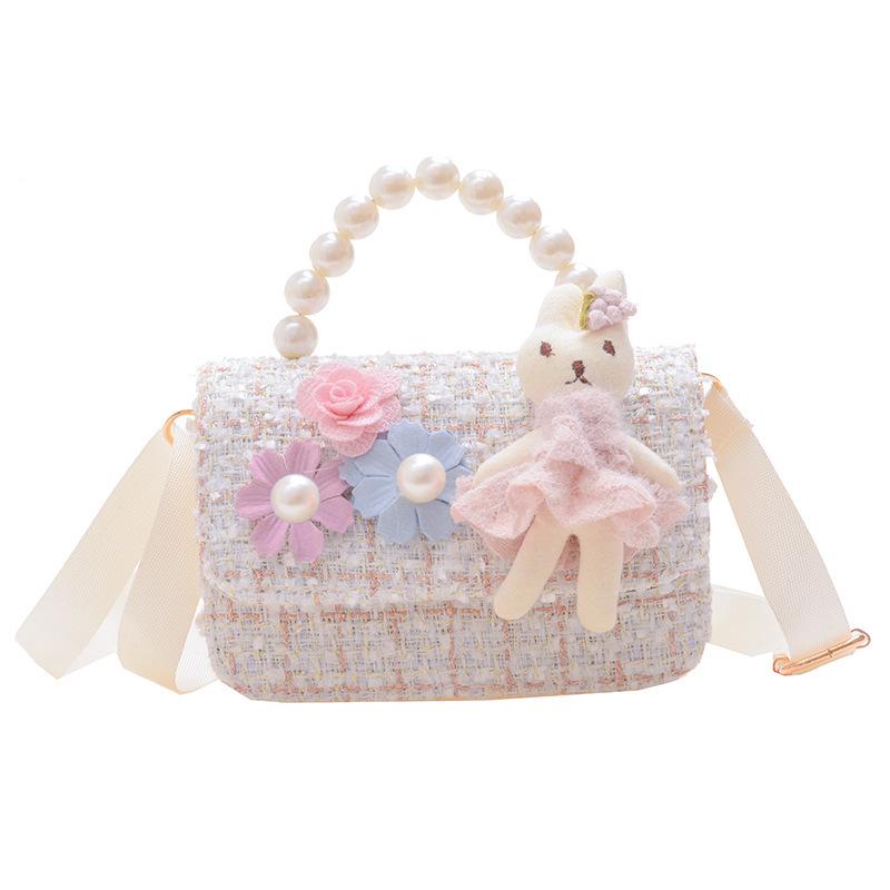 New Girls' Pearl Tweed Handbag: Trendy Little Flower Princess Crossbody Bag