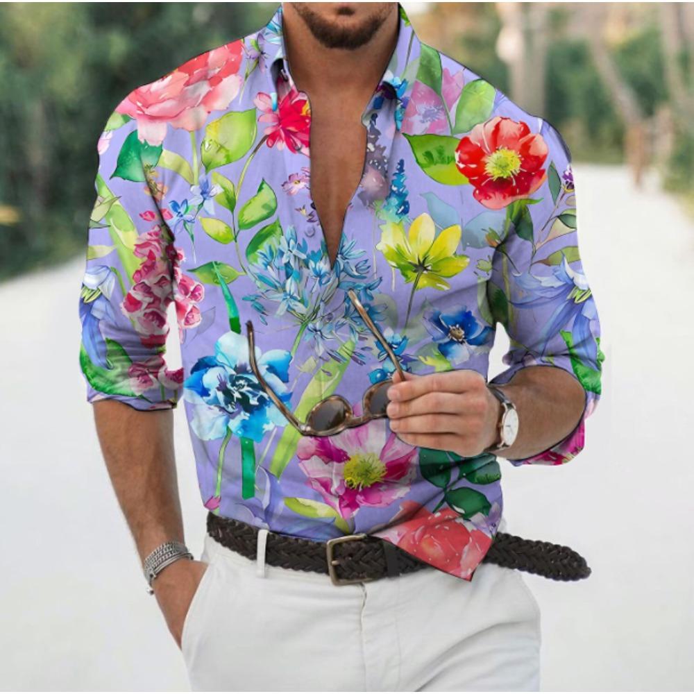 Men's Floral Printed Long Sleeve Shirts Casual Cardigan New Button Holiday Fashion Shirts
