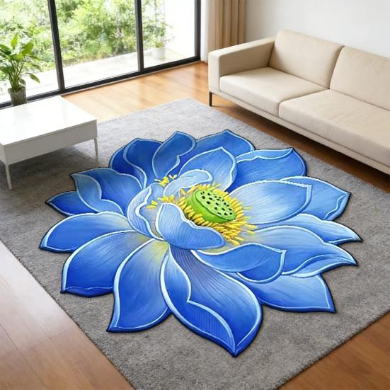 Tapis de sol 3D Lotus Tapis de salon fleur réaliste Forme fleur de lotus Antidérapant Tapis de zone pour cuisine Chambre Salle de bain Salle de jeux