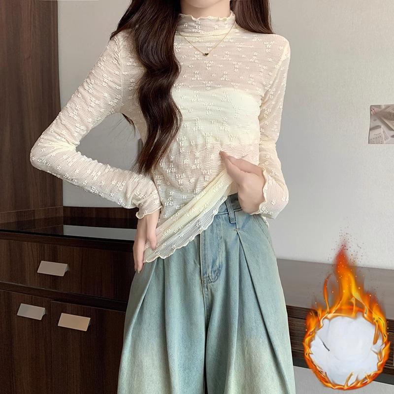 Half turtleneck, slim long-sleeved bottoming shirt, T-shirt for women, autumn and winter lace fungus edge, velvet and thickened layered inner top