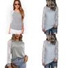 Grey Trim Lace Crew Neck Fitted Tshirt Blended Fabric Hoodie Women Sleeve Long
