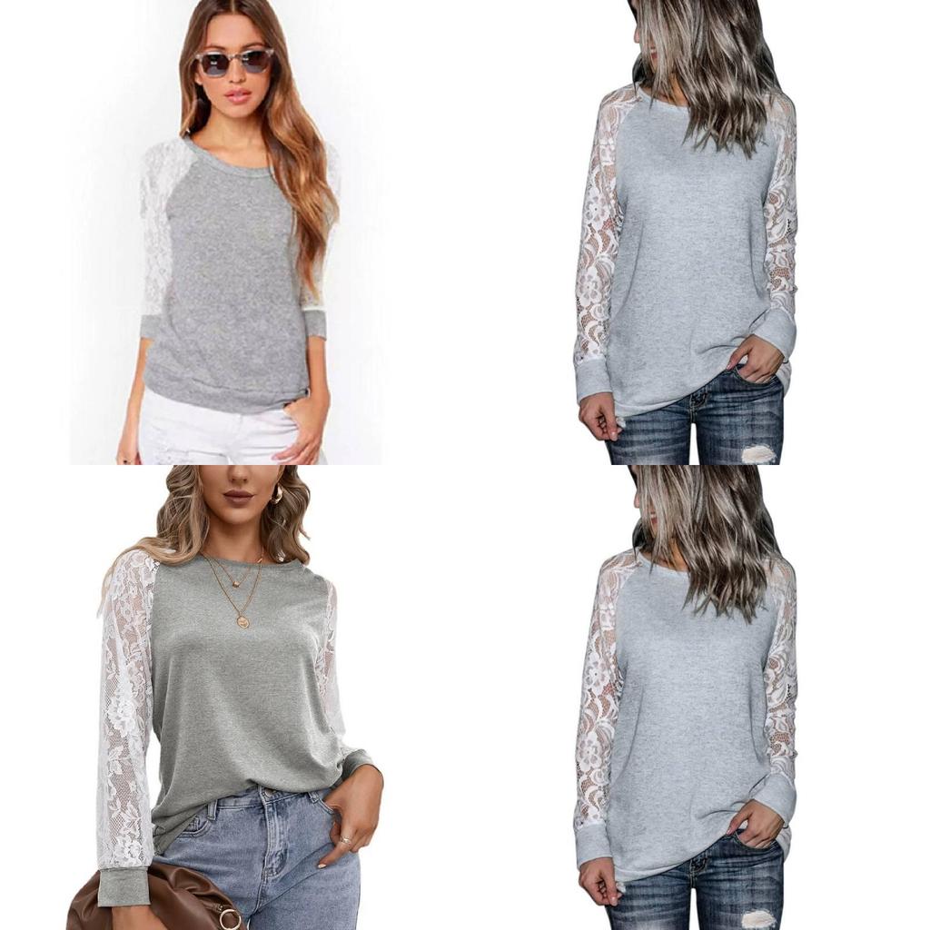 Grey Trim Lace Crew Neck Fitted Tshirt Blended Fabric Hoodie Women Sleeve Long