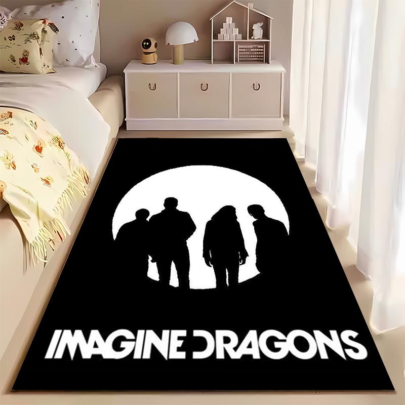 Rock Band Area Rug, Imagine Dragons Band Silhouette Full Moon Minimal White Black Print, Rock Music Decor, Non-Slip Mat