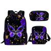 Hip Hop Youthful Purple Butterfly Moon 3D Print 3pcs/Set Student Travel bags Laptop Daypack Backpack Shoulder Bag Pencil Case
