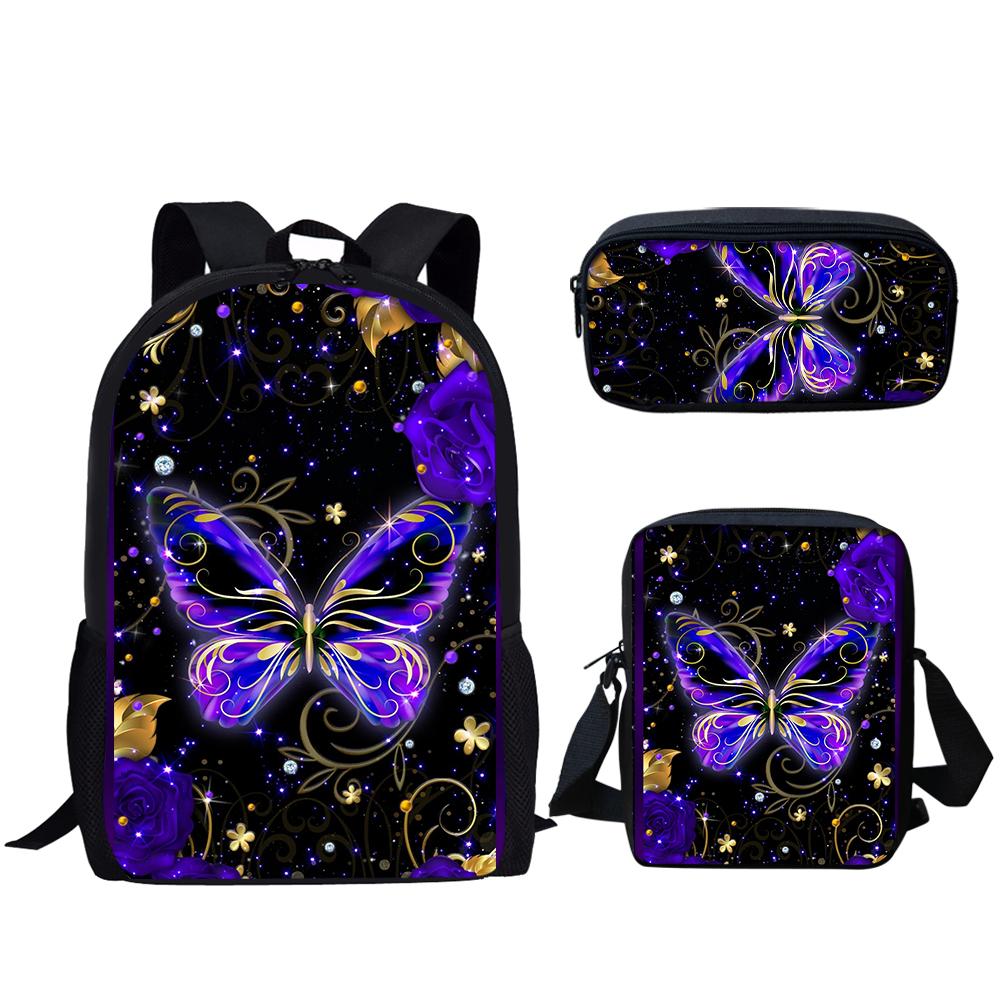Hip Hop Youthful Purple Butterfly Moon 3D Print 3pcs/Set Student Travel bags Laptop Daypack Backpack Shoulder Bag Pencil Case
