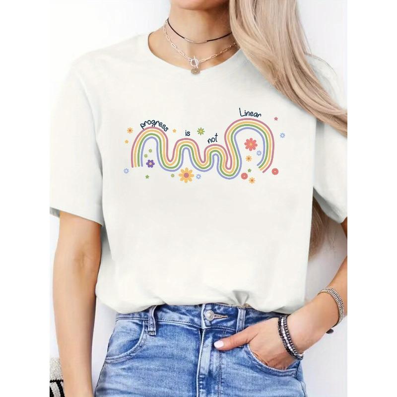 Womens Letter Print Round Neck Short Sleeve Sports Casual Summer Tee