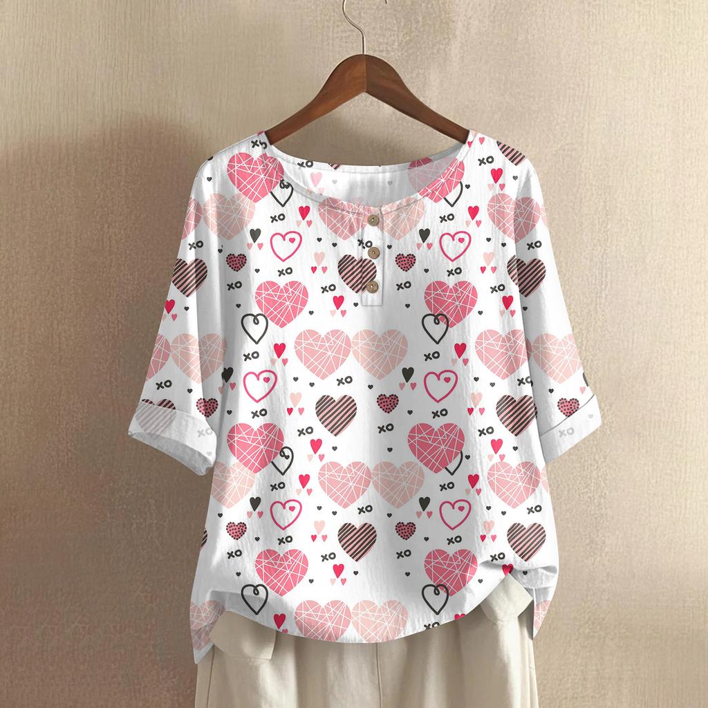 Damska Casualowa Bluzka z Krótkim Rękawem, Okrągłym Dekoltem i Nadrukiem Walentynkowym, Mieszanka Bawełny i Lnu