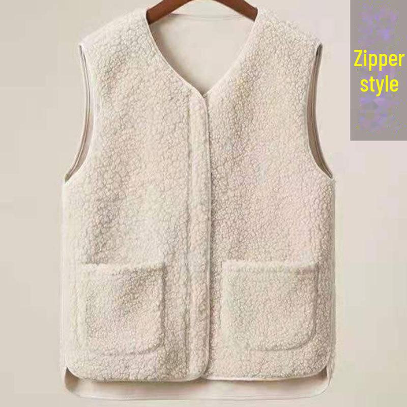 

Женский жилет из овечьей шерсти на молнии, осенне-зимний - утолщенный меховой жилет XL (125-140 jin)