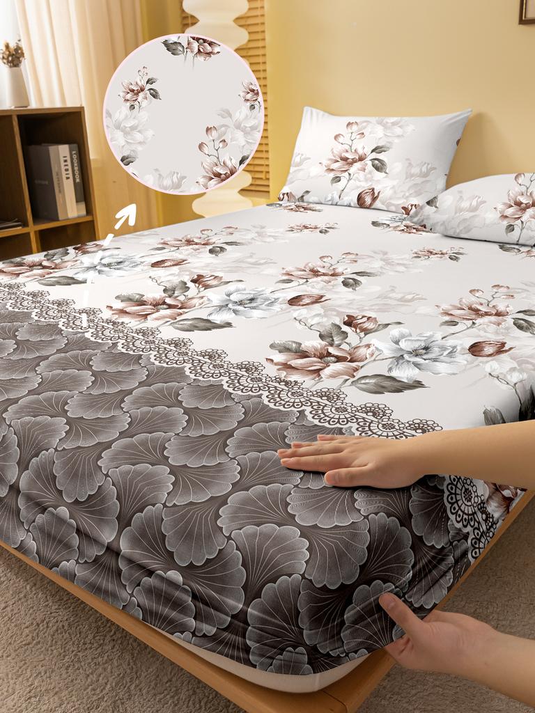 1 Simple Modern Plant Flower Printed Matte Fitted Sheet, Bedroom Printed Bed Cover, Bedding (Excluding Pillowcases)