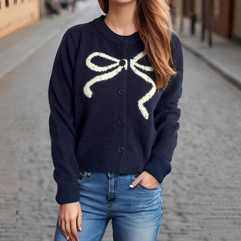 New solid color sweet anti-aging bow round neck jacquard sweater knitted sweater cardigan for women 3558 KTB