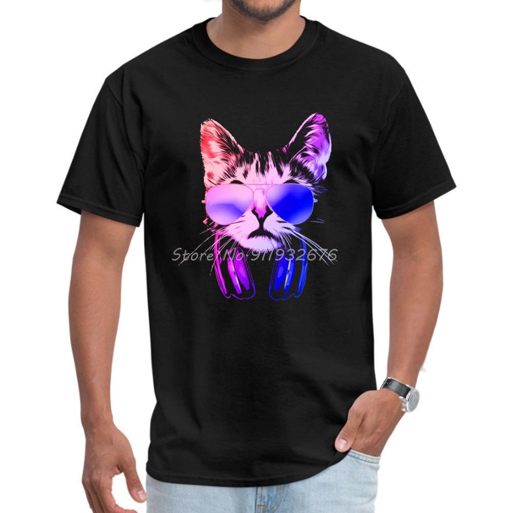 Rock Dj Cat In Neon Lights Hip Hop Men's T Shirt Discount Short Sleeve O-Neck Cotton Tops Shir