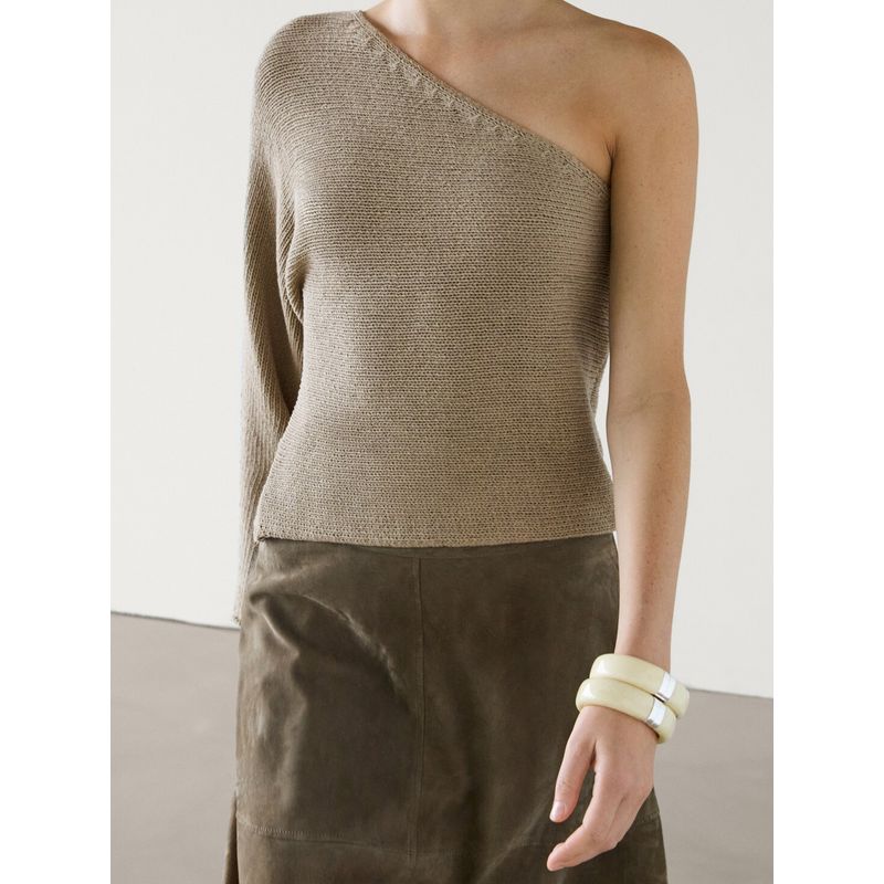 MD Spring New Female Normcore Cold Feeling Asymmetric Design Diagonal Collar Shoulder-Baring Sweater Tops 5712616