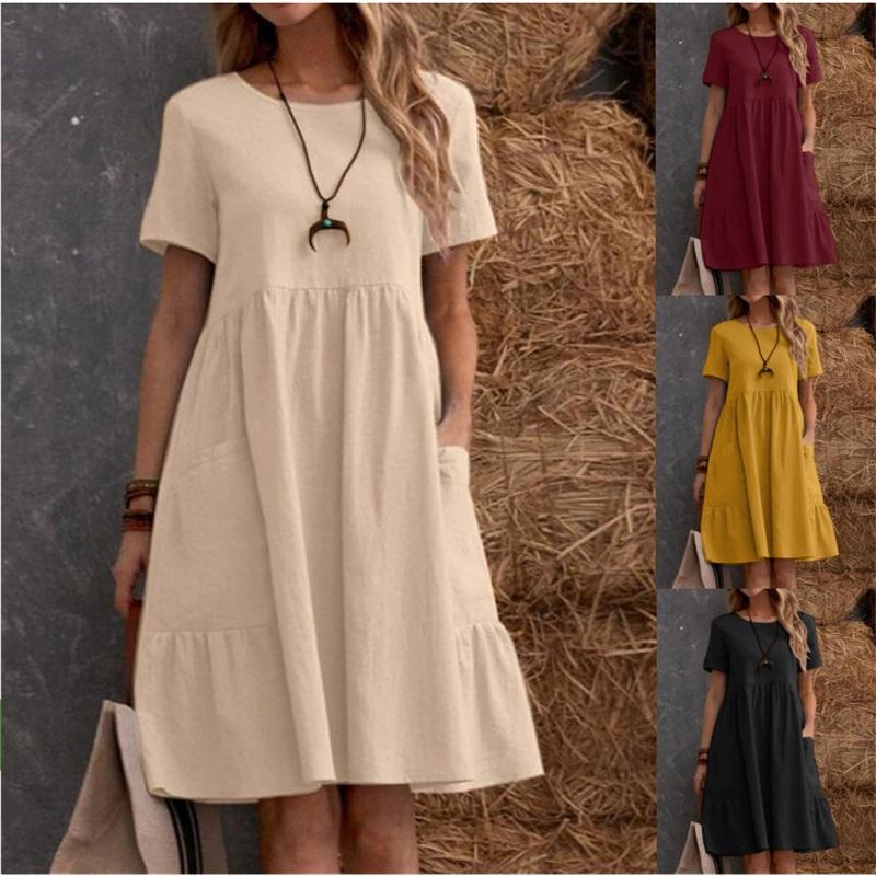 Summer European And American Ladies Loose Pockets Solid Color Round Neck Women's Cotton And Linen Dress Loose Casual Simple Elegant Daily Long Skirt