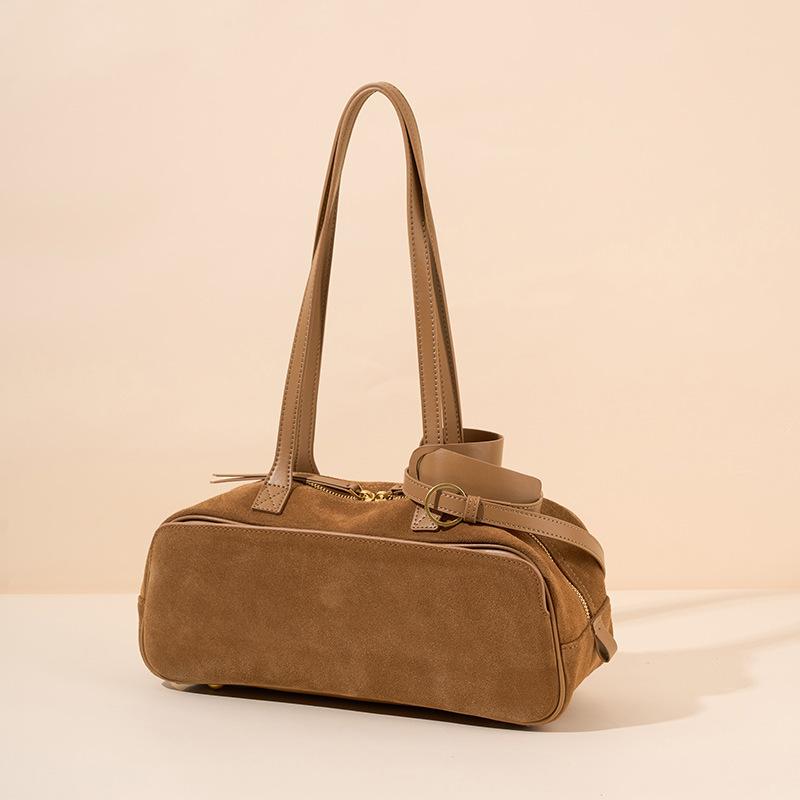 New Top Layer Frosted Cowhide Women's Bag, Vintage Underarm Bowling Bost Bag, Stylish Single Shoulder Large Capacity Handbag