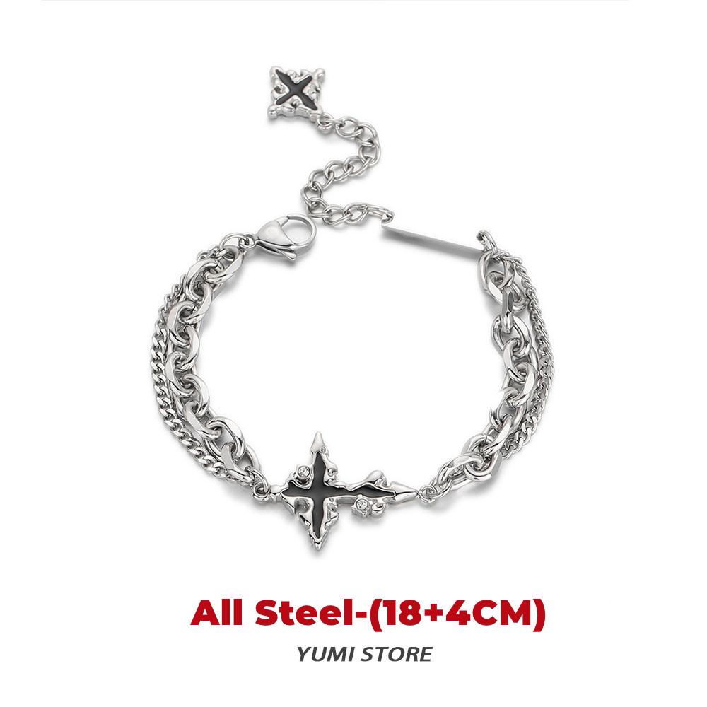Unisex Double-Layer Titanium Steel Hip Hop Dark Cross Necklace Spliced Sweater Chain Choker  for Men And Women