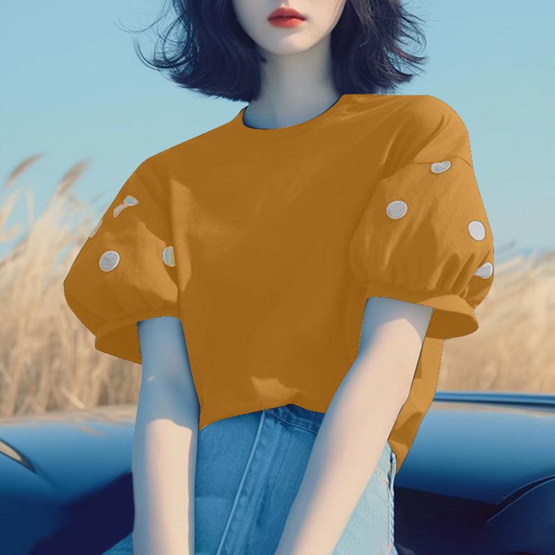 

VONDA Women Summer Round Neck Polka Dot Printed Puff Short Sleeve Blouses 4XL жовтий