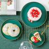 Green Ceramic Cake Pan Glass Cover Round Fruit Plate Cake Stand Snack Dessert Plate Decorative Display Tray Transparent Cover