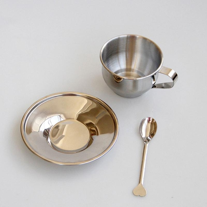 Paslanmaz Çelik Kahve Fincanları Seti Çift Katlı Isı Yalıtımlı Kahve Kupası Kaşık ve Fincan Tabağı ile Çay ve Kahve Severler için