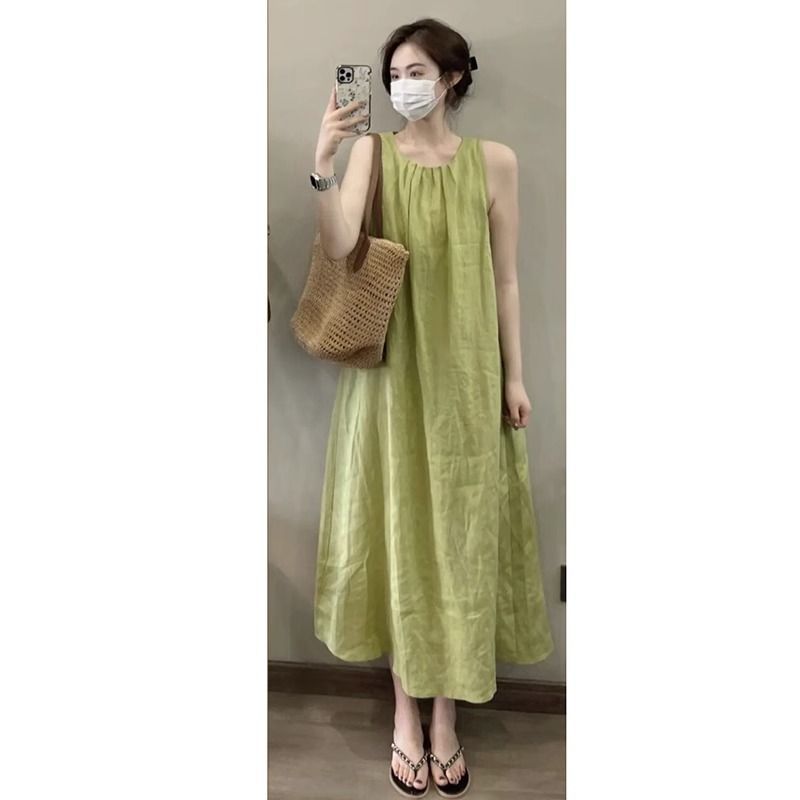 French Green Sleeveless Loose and Thin Drape Vest Dress Summer New Chubby Girl Wear