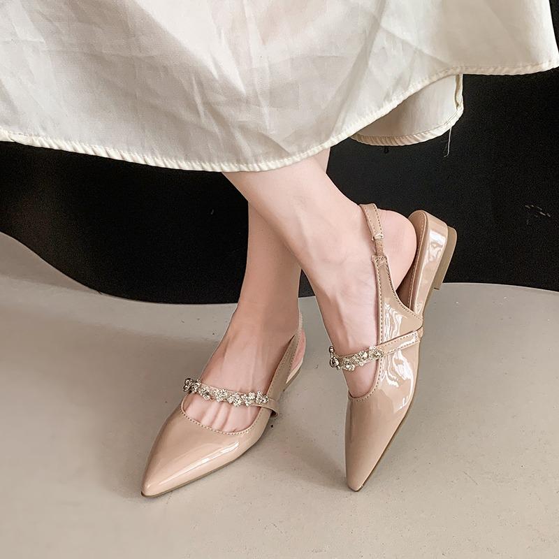 Fashion Elegant Patent Leather Low Heel Sandals for Women Shiny Crystal Pointed Toe Party Dress Shoes Size Comfort Slingback Sandals