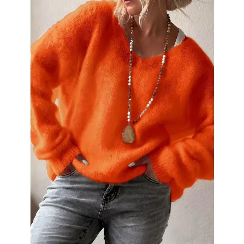 V-neck Long Sleeved Pullover Casual Sweater Women Autumn Winter Knitted Jumper Fashion Solid Color Loose Thin Clothes