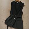 Women's Sleeveless Blazer Vest Button Lapel Collar Work Jacket Fall Casual Long Dressy Coat with Belt