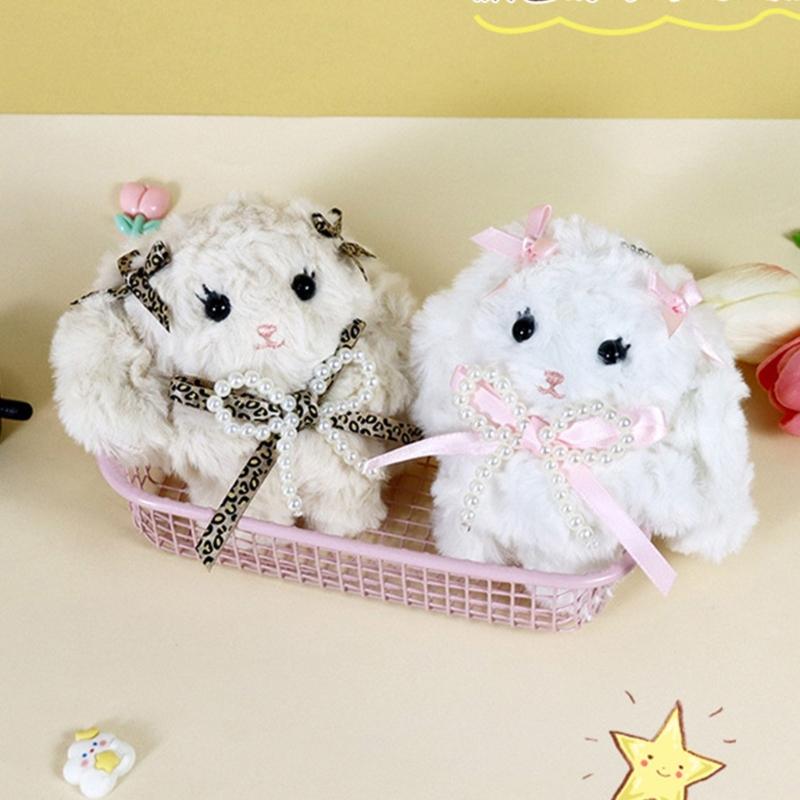 Lovely Bowknot Rabbit Keychain Plush Animal Shaped Keyring Student Bag Charm Backpack Accessory for Fashionable Women