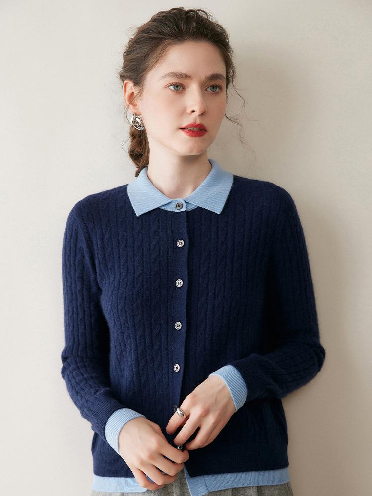 Women's Colorblock Cable Knit Cardigan with Faux Two-Piece Polo Neck Sweater