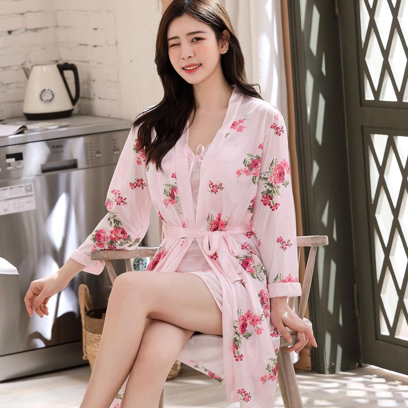 Women's Summer Long-Sleeve Ice Silk Nightgown with Lace