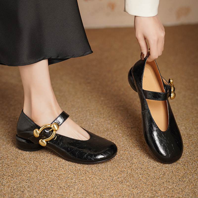 Krazing Pot Sheepskin Fashion Summer Spring Autumn Med Heels Metal Buckle Women  European Design Round Toe Pumps