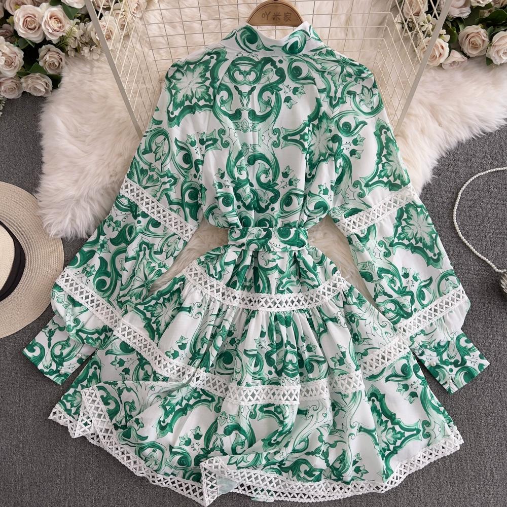 Spring Autumn Women Lantern Sleeve Print Lace Patchwork Chic Boho