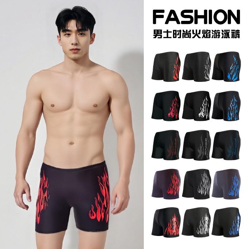 Mens Flame Print Loose Fit Boxer Style Swimming Trunks Quick Dry Nylon Swimwear Pool Beach Surfing