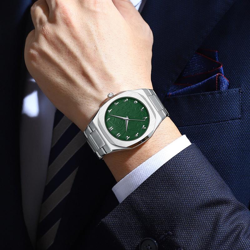 BestWin Top Brand Men Octagonal Quartz Watch Embossed Dial Full Steel Fashion Business Casual Style Male Dress Watch Daily Wear